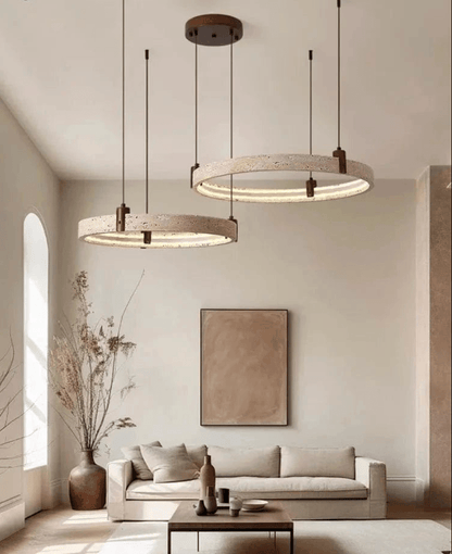 Eclairage suspension Suspension pierre de travertin anneaux led