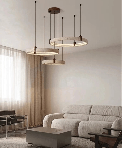 Eclairage suspension Suspension pierre de travertin anneaux led