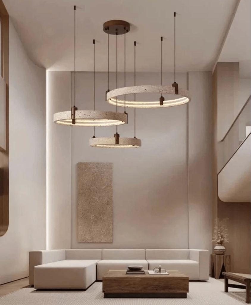 Eclairage suspension Suspension pierre de travertin anneaux led