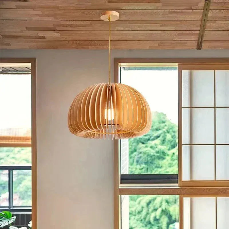 Eclairage suspension Suspension ronde en bois
